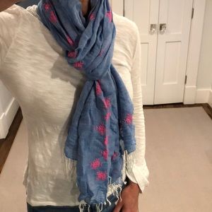 Linen blend scarf, LT blue embroidered w/hot pink